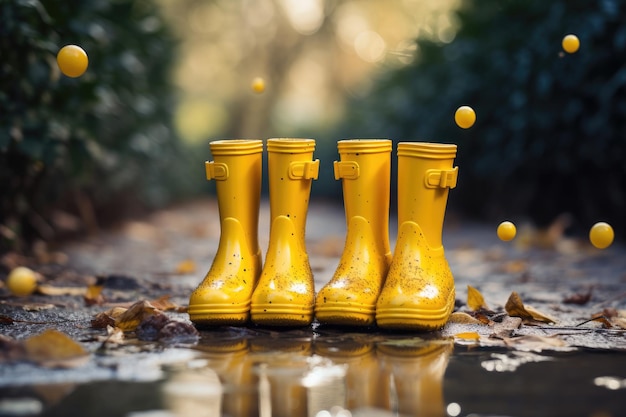 Zwei Paar Gummistiefel stehen in einer Pfütze auf der Straße