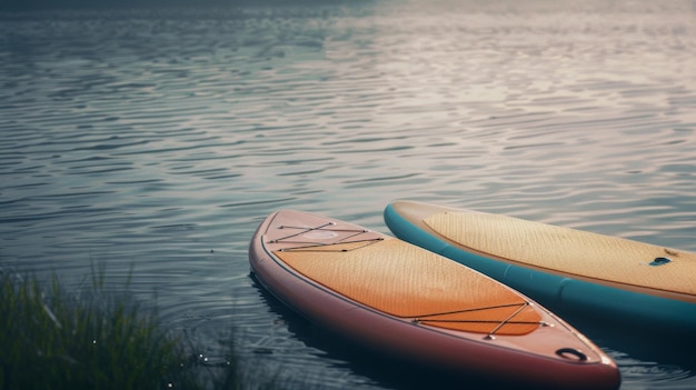 Zwei Paddleboards ruhen am Morgengrauen auf ruhigem Wasser, schweigende Boten des Abenteuers.