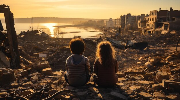 Zwei palästinensische Kinder vor den Ruinen mit Trümmern um sie herum der Auswirkungen der Kriegskrise