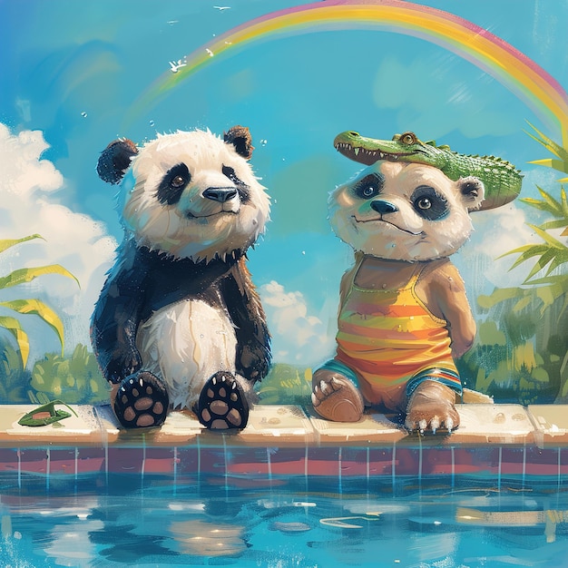 Zwei Pandas sitzen auf einem Felsvorsprung und einer hat einen Regenbogen im Hintergrund