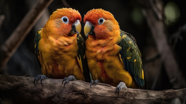Zwei Papageien sitzen auf einem Ast mit dem Wort Liebe darauf.