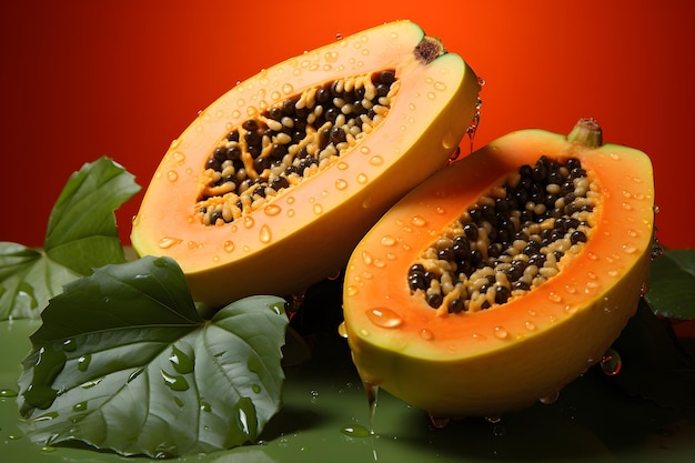 zwei Papayas auf einem orangefarbenen Hintergrund