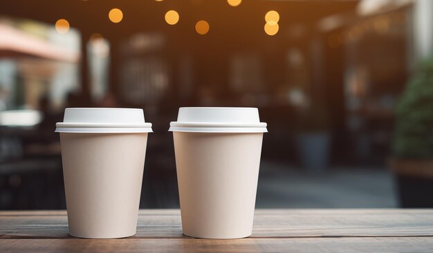 Zwei Papiertassen auf einem Tisch in einem Café Straßenkaffee mit verschwommenem Hintergrund Mockup für Ihre Marke