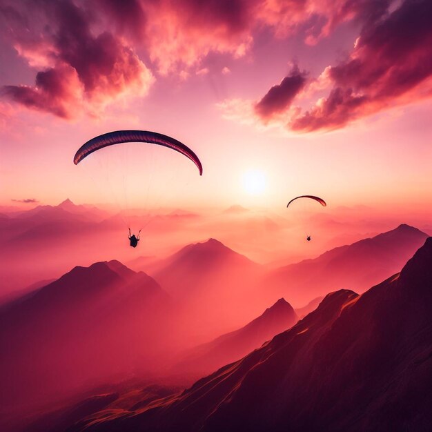 Zwei Paraglider fliegen über den Gipfel des Berges im epischen rosa Sonnenuntergangslicht