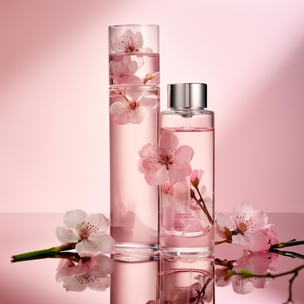 Zwei Parfümflaschen mit rosa Hintergrund und einem rosa Hintergrund mit der Aufschrift „Parfüm“ auf der Unterseite.