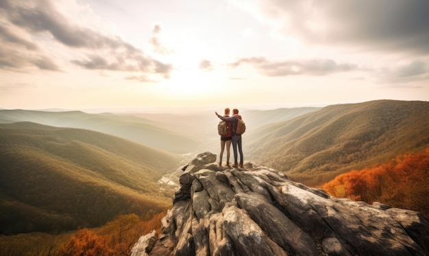 Zwei Personen auf einem Berggipfel mit Blick auf die Berge