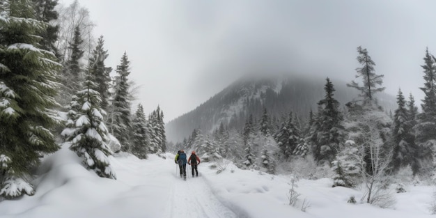 Zwei Personen auf Skiern im Schnee mit einem Berg im Hintergrund.