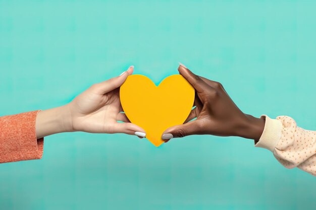 zwei Personen, die mit den Händen eine Herzform im Stil von hellgelb und grünfarbener Fettfarbe bilden