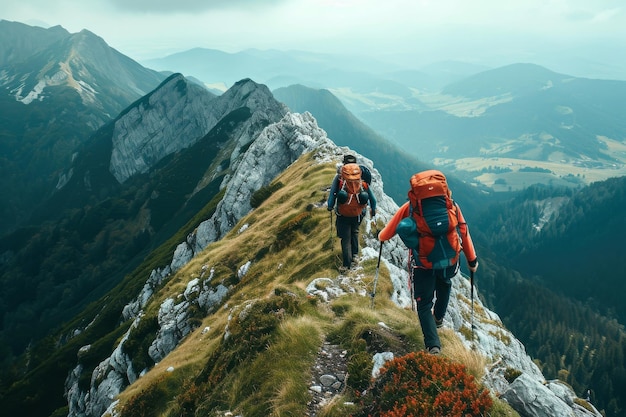 Zwei Personen, die sich während einer Wanderung aktiv das steile Gelände eines Berges hinaufbewegen Ein Wanderer zieht seinen Freund einen steilen Berghang hinauf KI generiert