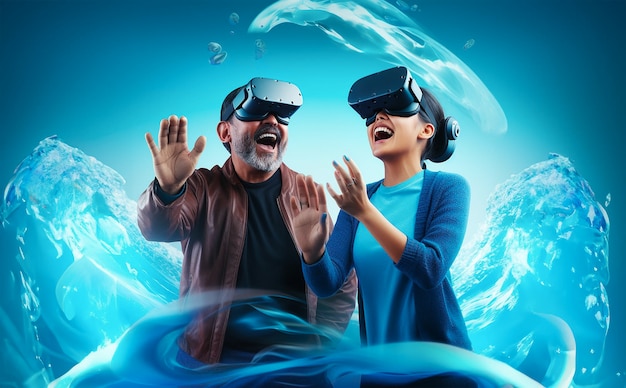 Zwei Personen genießen eine virtuelle Realitätserfahrung, ein realistisches Bild