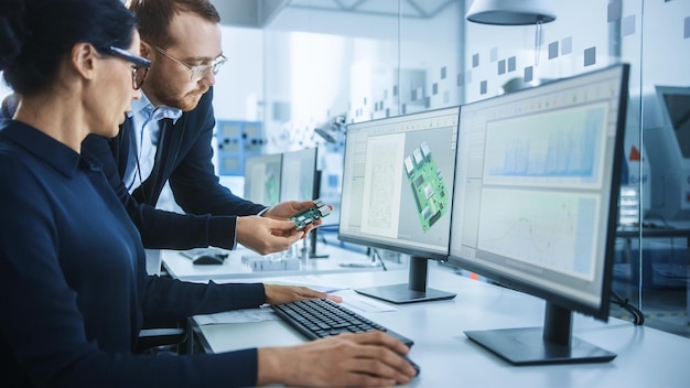Foto zwei personen in einem labor schauen auf einen computerbildschirm mit der aufschrift „smart“