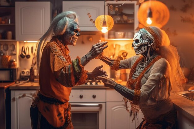 zwei Personen in einer Küche mit einer Glühbirne im Hintergrund.