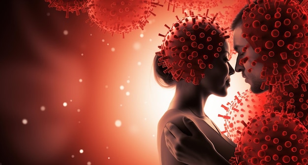 Zwei Personen küssen sich und übertragen das STD-Virus. Menschliche Modelle vor einer großen roten runden Coronavirus-Zelle. Hochwertiges Foto