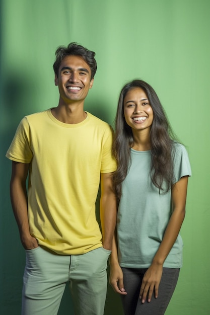 Zwei Personen posieren vor einem grünen Hintergrund für ein Foto.