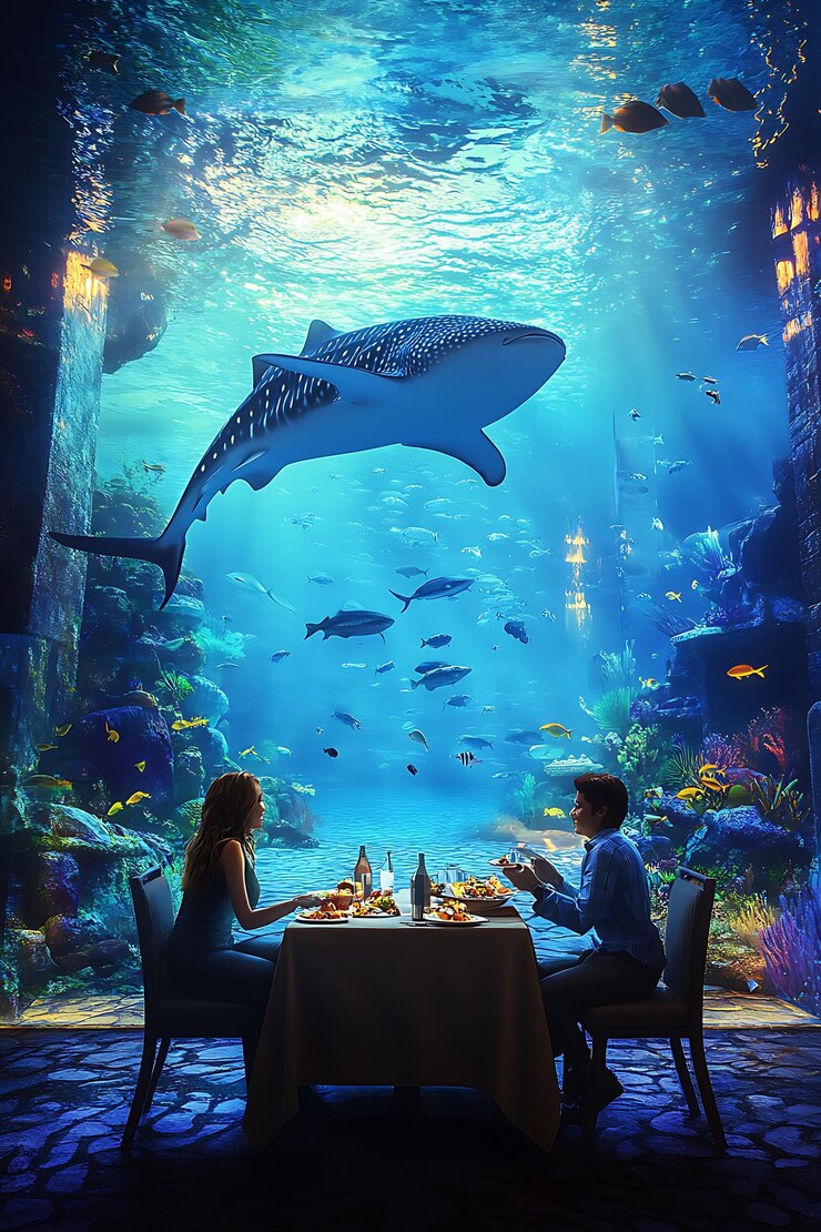 zwei Personen sitzen an einem Tisch vor einem großen Aquarium