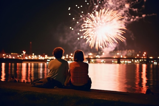 Zwei Personen sitzen auf einem Steg und schauen sich ein Feuerwerk an