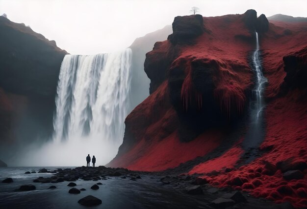 Zwei Personen stehen am Fuße eines großen Wasserfalls mit einer mit Moos bedeckten felsigen Klippe auf einer Seite