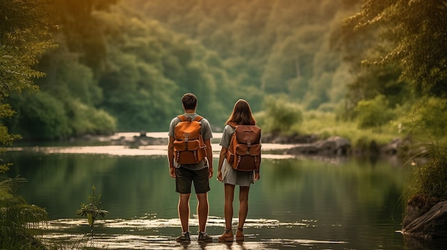 Zwei Personen stehen mit einem Rucksack in einem Fluss