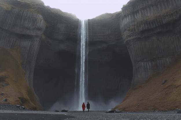 Zwei Personen stehen vor einem Wasserfall mit generativer KI