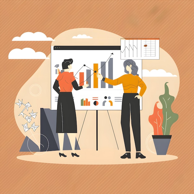 Zwei Personen stehen vor einem Whiteboard mit Grafiken darauf. Einfache Marketing-Illustration und c