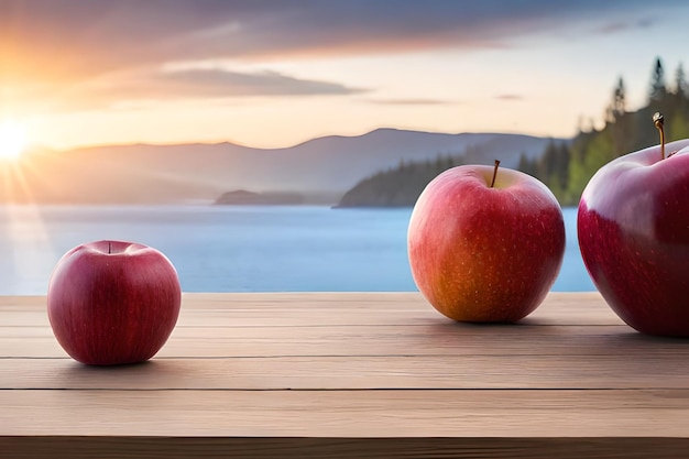 Zwei Äpfel auf einem Holztisch mit einem See im Hintergrund