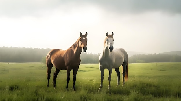 Zwei Pferde auf einem Feld mit dem Himmel im Hintergrund