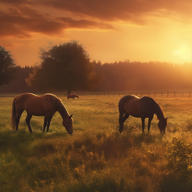 Zwei Pferde grasen auf einem Feld mit einem Sonnenuntergang im Hintergrund.