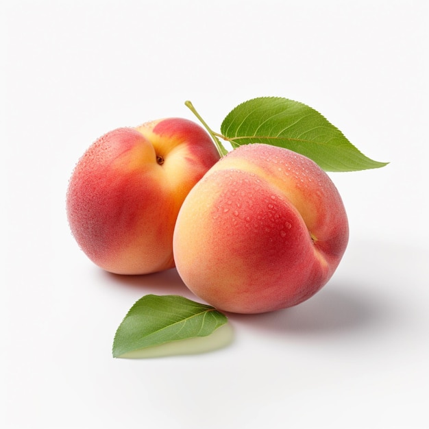 Zwei Pfirsiche mit einem grünen Blatt, auf dem „Pfirsich“ steht.