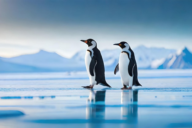 Zwei Pinguine auf Eis mit Bergen im Hintergrund