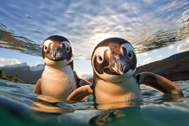 zwei Pinguine sind im Wasser und einer hat einen blauen Himmel hinter sich