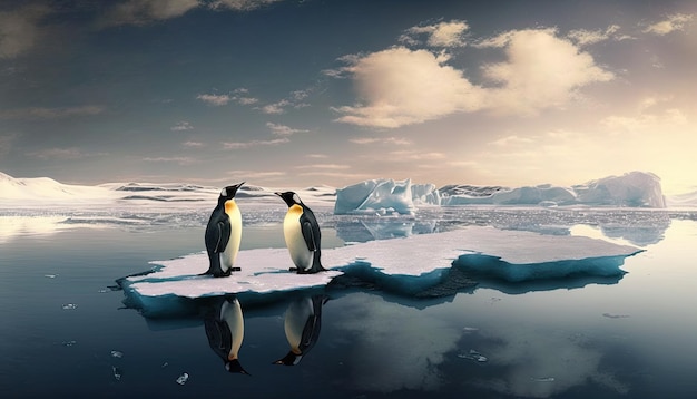 Zwei Pinguine stehen auf schmelzendem Eis im Arktischen Ozean. Konzept der globalen Erwärmung, globaler Klimawandel