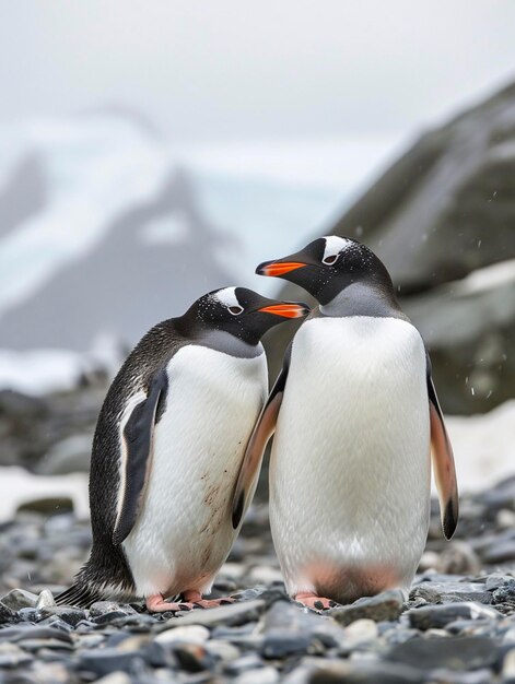 zwei Pinguine stehen nahe beieinander auf einer felsigen Oberfläche