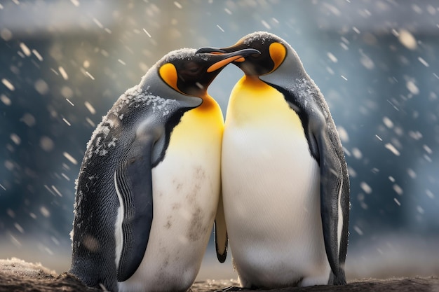 Zwei Pinguine stehen nebeneinander und zeigen ihre einzigartige Bindung im Tierreich. Das sorglose Paar genießt die Aussicht, während sie während einer Wanderung in der Natur Pause machen.