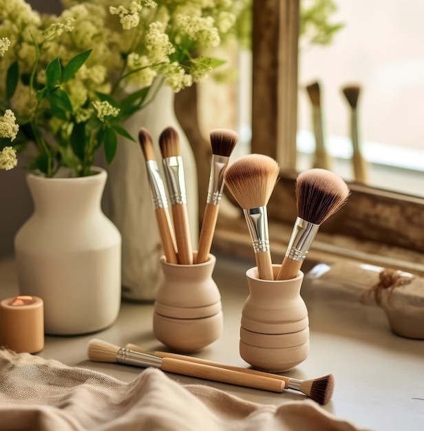 Zwei Pinsel stehen auf einer Theke mit einer Blumenvase im Hintergrund.