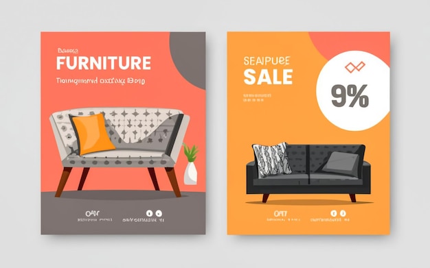 zwei Plakate zum Verkauf und ein Sofa mit vielen Möbeln