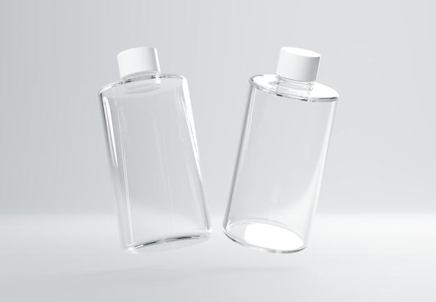 Zwei Plastikshampooflaschen, die auf grauem Hintergrund schwimmen 3D-Rendering-Mockup