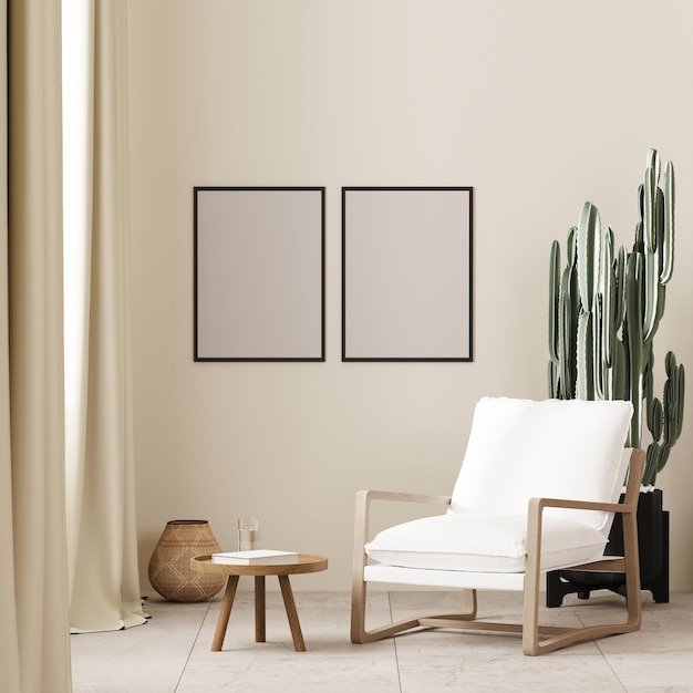 Zwei Posterrahmen im Boho-Stil mit weißem Sessel und Couchtisch in der Nähe der beigen Wand des Fensters 3D-Rendering