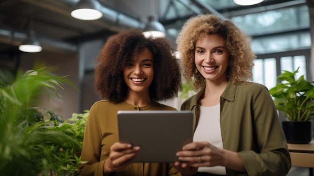 Foto zwei professionelle frauen lächeln und schauen zusammen in einem büro auf ein tablet