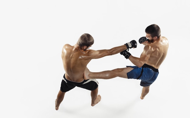 Zwei professionelle MMA-Kämpfer, die isoliert auf weißem Studiohintergrund boxen. Draufsicht auf ein paar muskulöse Sportler. Sport, gesunder Lebensstil, Wettbewerb, Dynamik und Bewegung, Aktionskonzept. Exemplar.