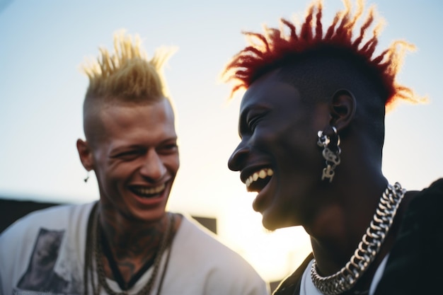 Foto zwei punk-freunde mit mohawks lachen und hängen moderne subkultur-straßenfotografie