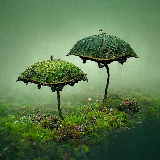 Zwei Regenschirme stehen im Regen und einer ist grün.