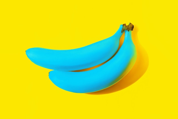 Zwei reife blaue Bananen werfen einen Schatten, der auf einem hellen gelben Hintergrund isoliert ist Modernes Design