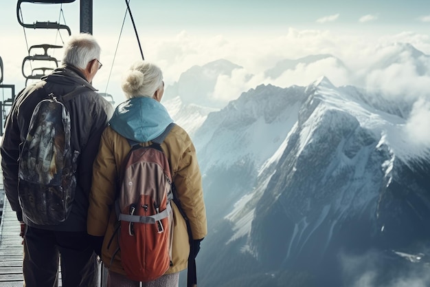 Zwei reife, grauhaarige Rentner von hinten in den Winterbergen in der Nähe eines Skilifts oder einer Seilbahn. Aktiver Lebensstil älterer Menschen