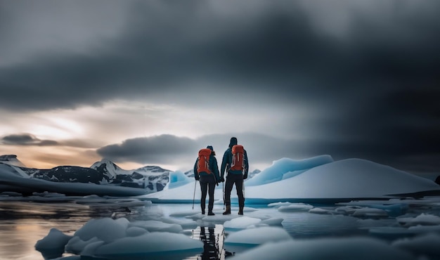 Zwei Reisende mit Rucksäcken und Winterkleidung auf einem Eisschwanz auf einem Gletscher im Winter Ein Paar reist nach der Antarktis