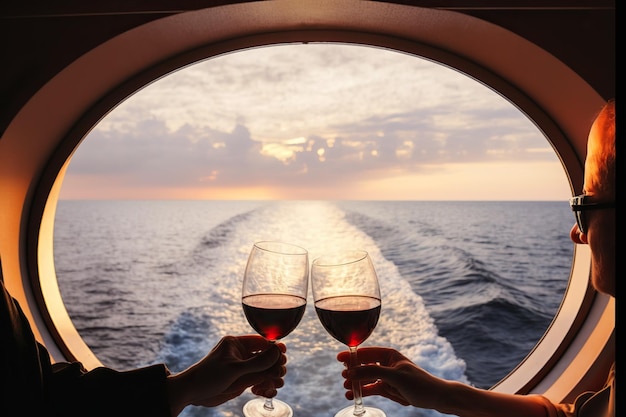 Zwei Rentner feiern ihr Jubiläum auf einer Kreuzfahrt bei einem Glas Wein bei Sonnenuntergang. KI generiert