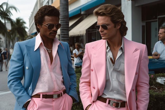 Zwei Retro-Wave-Vice-Miami-Männer mit Sonnenbrillen. Sonnenuntergangsszene in Miami der 80er-Jahre-Synthesizer-Welle. Nostalgie-Mode-Look-Book. Generative KI