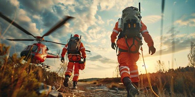 Zwei Rettungskräfte, die mit Sicherheits- und Skalierungsgeräten ausgestattet sind, eilen zu einem Hubschrauber für medizinische Notfalldienste, die die Themen Rettungshilfe und Optimismus hervorheben.