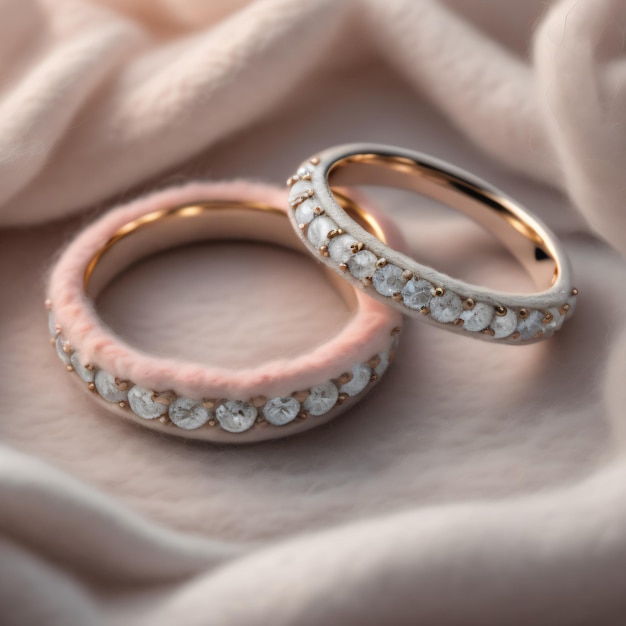 Zwei Ringe mit Diamanten und einem rosa Band.