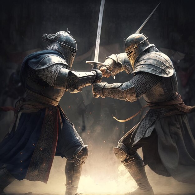 zwei Ritter mit einem Schwert und dem Wort Kampf auf dem Rücken
