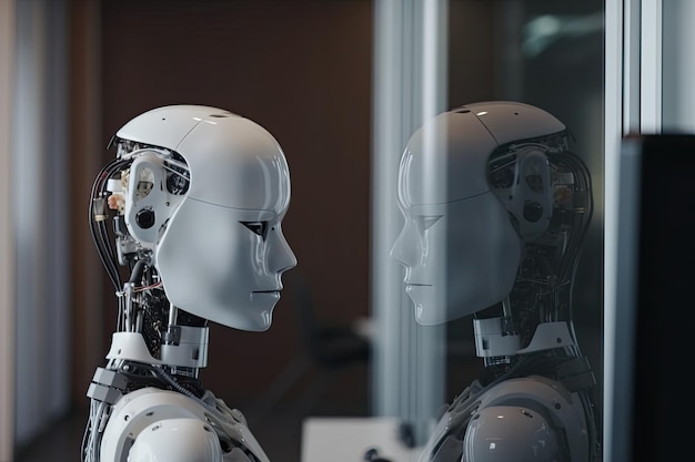 Zwei Roboter in einer Reihe schauen in die Kamera. 3D-Rendering eines KI-Roboters. Rückansicht des Bürochefs. KI generiert